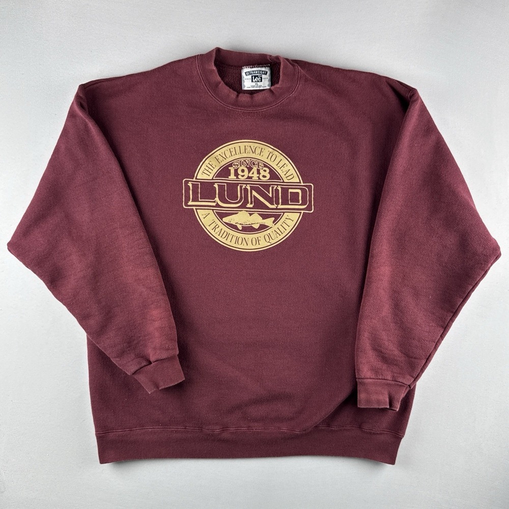 Vintage 90s Lund Boats Crewneck Sweatshirt Lee USA Made Maroon XL